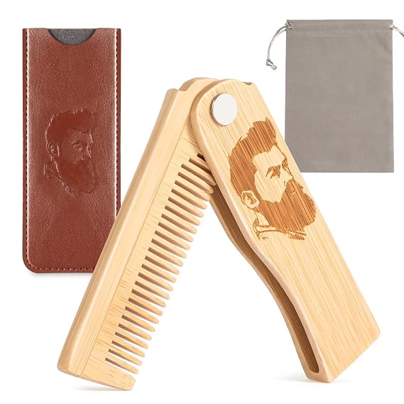 Folding Beard Comb for Men, Portable Bamboo Beard & Mustache Comb Hair Brush with Travel Pouch, Ideal Fathers Day, Birthday, Christmas Gift Stocking Stuffers for Him