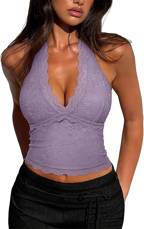 REORIA Women's V Neck Lace Halter Backless Double Lined Tank Top