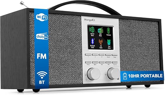 SR40 Internet Radio,Podcast, DAB+/FM, Bluetooth, 10hr Play, Black | WIFI radio, True 2.0 stereo speakers, 150 presets, AUX-in, wooden cabinet, Alarm & Sleep Timer, USB-C rechargeable& handle