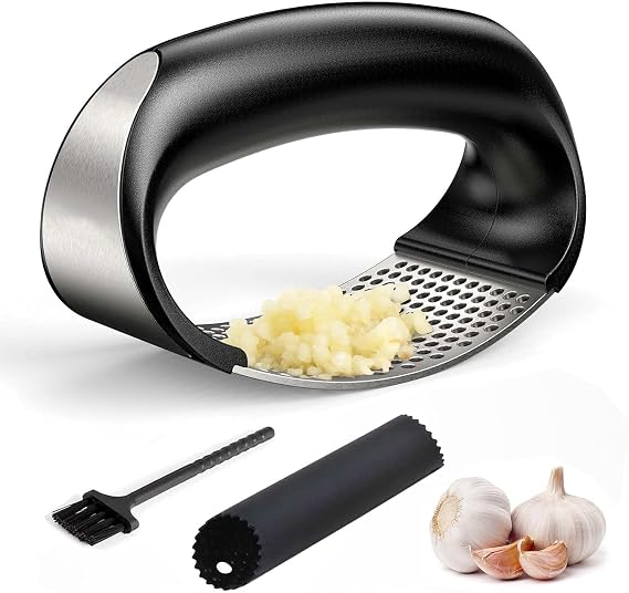 Garlic Press Rocker,New Stainless Steel Garlic Mincer Garlic Crusher Set,3-in-1 Garlic Crusher,Peeler with Cleaning Brush,Easy Squeeze Rocker Design for Smashing Garlic Kitchen Gadget