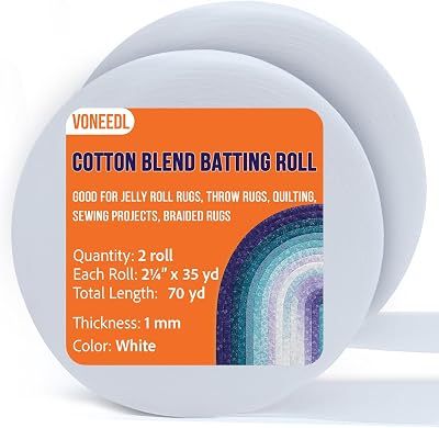 VONEEDL Jelly Roll Batting Strip 2 14 Inch x 70 Yards Cotton Blend Batting Roll for Jelly Roll Rugs, Throw Rugs, Quilting, Sewing Projects, Braided Rugs, 2 Rolls, 1mm Thick