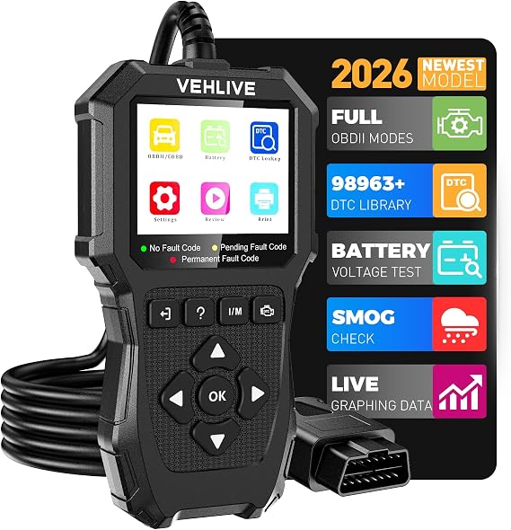OBD2 Scanner Diagnostic Tool, Check Engine Light Car Code Reader with Reset, Battery Tester, Live Data, Freeze Frame, I/M Readiness, Car Scanner Diagnostic Tool for All OBDII Car After 1996