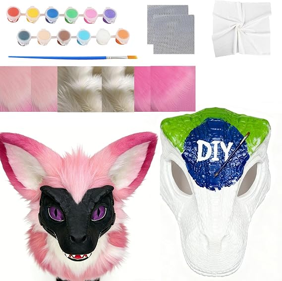 Hard Plastic Dinosaur Mask with Felt & Eye Mesh and Paint & Peach Pink White Faux Fur,T-Rex Dino Mask Moving Jaw and Sounds,Furry Head Base for Halloween Christmas,Fursuit Therian DIY Dino Masks