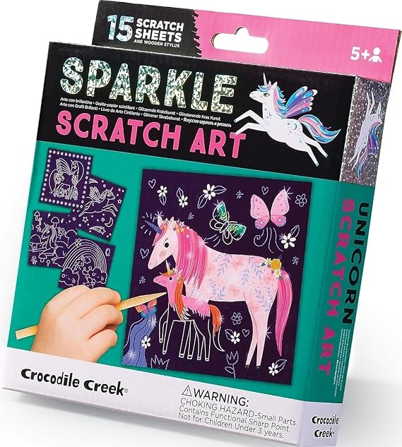 Crocodile Creek Unicorn Sparkle Scratch Art for Kids - 16-Sheet Scratch Art Set with 10 Themed Sheets, 5 Blank Sheets, Stencil, and Stylus - Thoughtful Stocking Stuffers, Gifts, Art Supplies for Kids