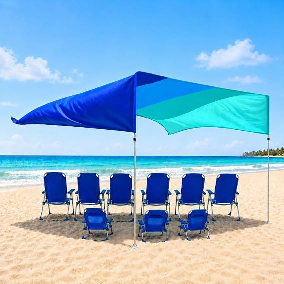 MillionShades Beach Shade Canopy No Ropes, No Sandbags, Quiet in Wind, 14x14 ft Wind-Propelled Beach Shade Sail, UPF 50+, Grande for 10+ People