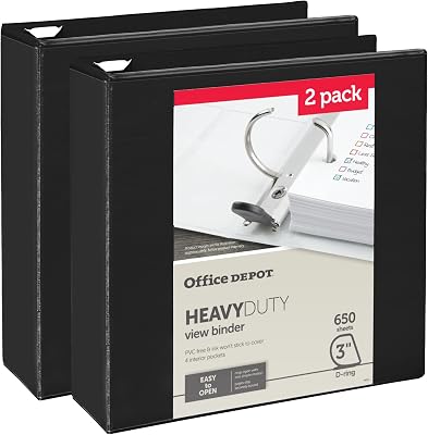 Office Depot® Heavy-Duty View 3-Ring Binder, 3 D-Rings, Black, 49% Recycled, Pack of 2