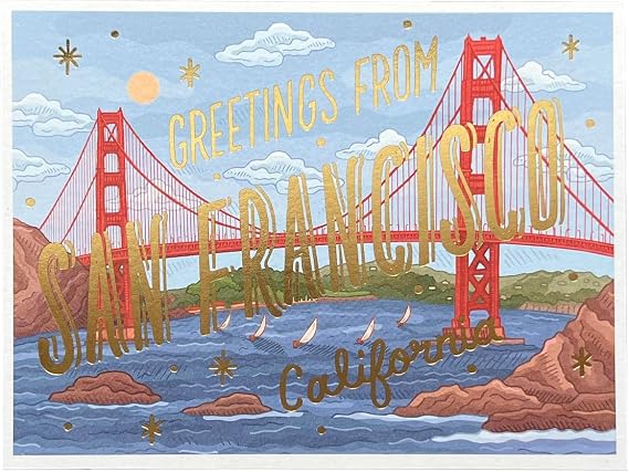 Noteworthy San Francisco Foil Postcard, Greetings from San Francisco California Vintage Style, Golden Gate Bridge Postcard, 6 in by 4.5 in Full color with Gold Foil, Made in the USA
