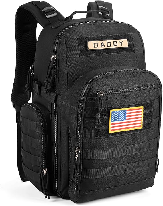 SHARKMOUTH Dad Diaper Bag Backpack - Military Baby Gear Backpacks with Daddy Patches Black