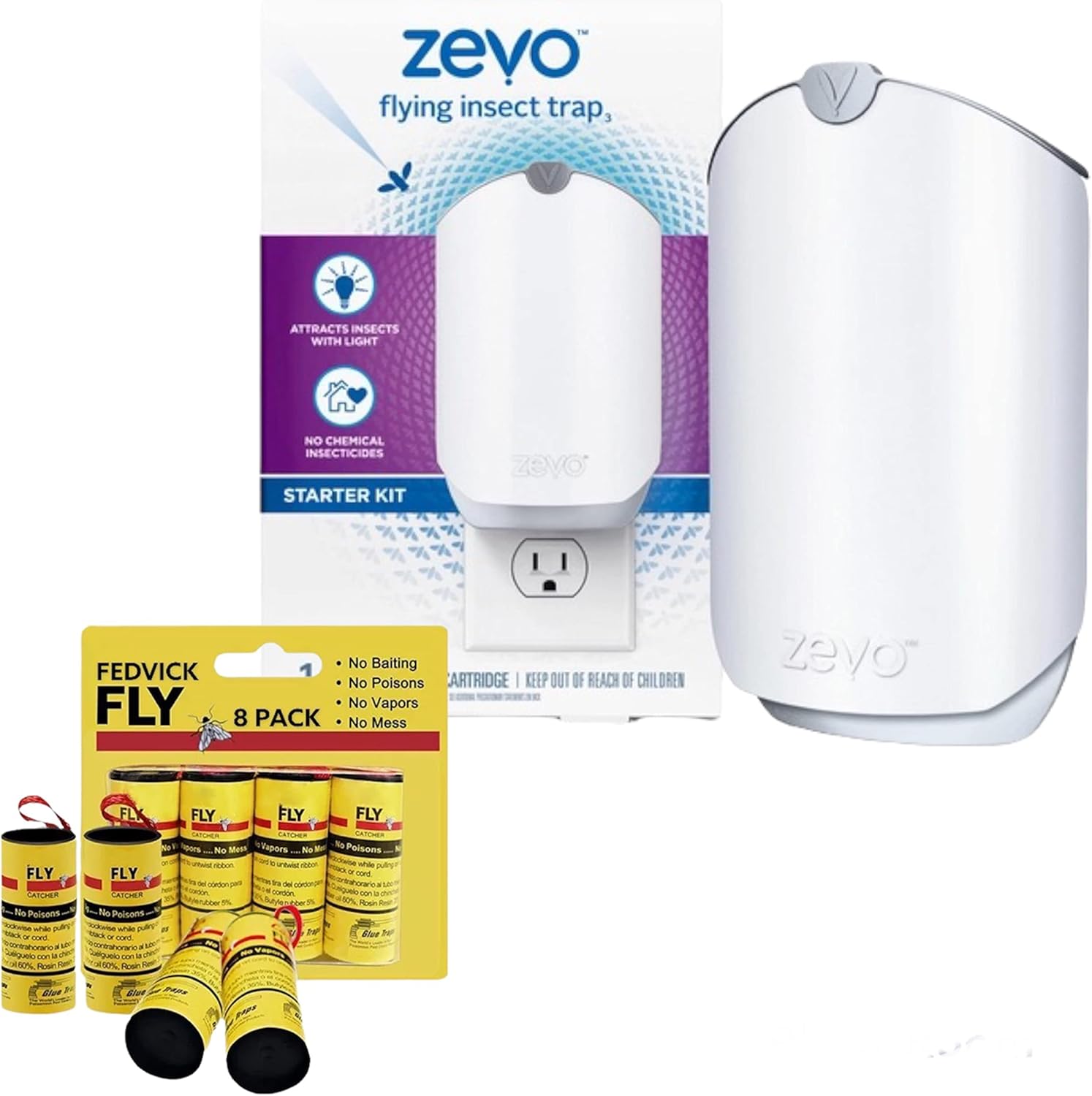 ZEVO Electric Flying Insect Trap Starter KIT | Device | Model 3 | Mosquito Killer| Fruit Fly Trap | UV Light attracts Insect  Fedvick Ribbon 8 pcs
