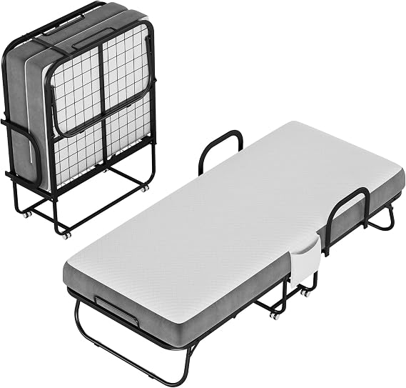Cot Size Folding Bed 75'' x 31'' with Memory Foam Mattress, Extra Wide Portable Rollaway Guest Beds for Adults, Foldable Bed with 360 Wheels, Space-Saving Design for Home, Office