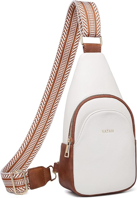 VATAN Small Sling Bag Women's Crossbody Fanny Packs Leather Crossbody Bags for Women (D-Brown with White)
