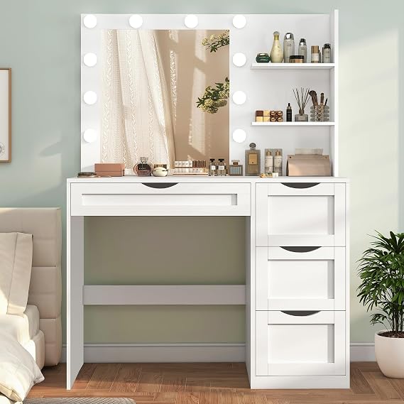 usikey Vanity Desk with Mirror and 10 LED Lights, Makeup Vanity Table Set with 4 Drawers, Make Desk Dressing Table with 2 Storage Shelves, Vanity Set 3 Lighting Modes for Bedroom, Girls Vanity,White