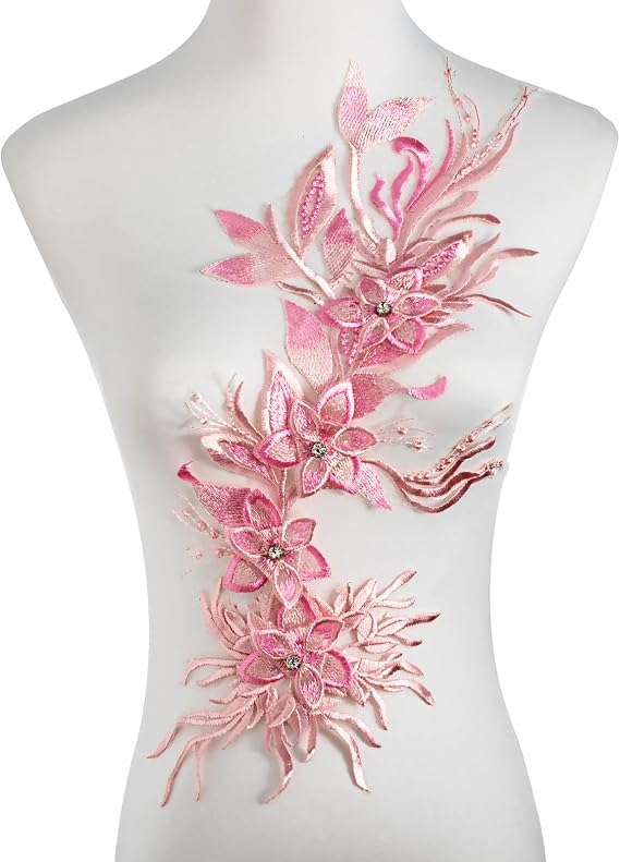 Silvora Phoenix Peacock Feather Tail Fabric Beaded Lace Applique,3D Embroidered Flower Fabric Patch for Bridal Dress, Handmade Sewing Tool for Wedding DIY Crafts(Pink)