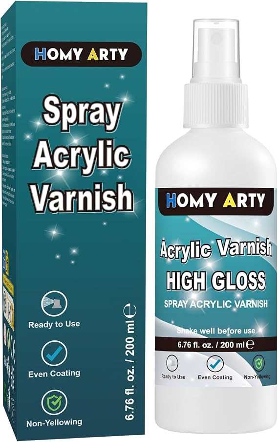 HOMY ARTY Acrylic Varnish Spray, High Gloss Varnish for Acrylic Painting, High-Gloss Finish Clear Coat Spray Paint for Lasting Protection, Ready to Use Paint for Clay, Artwork, 200 ml (6.76 fl oz)