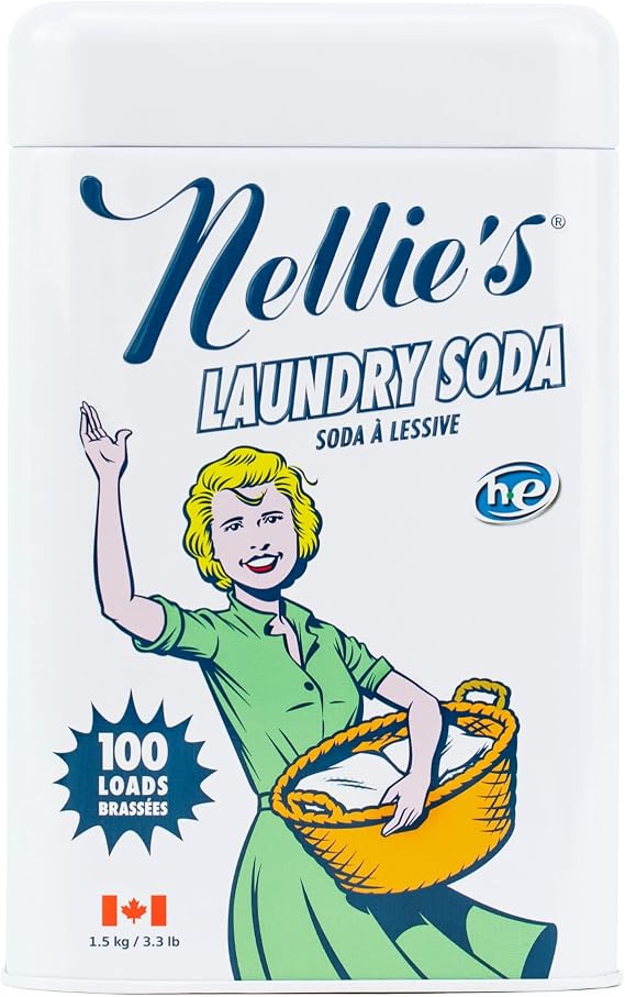 Nellie's Laundry Soda | Powder Laundry Detergent 100 Loads | Made in Canada | Septic-Safe, HE Compatible & Fragrance-Free, Reusable Tin, Dye-Free, No Phosphates, Chlorine or Gluten
