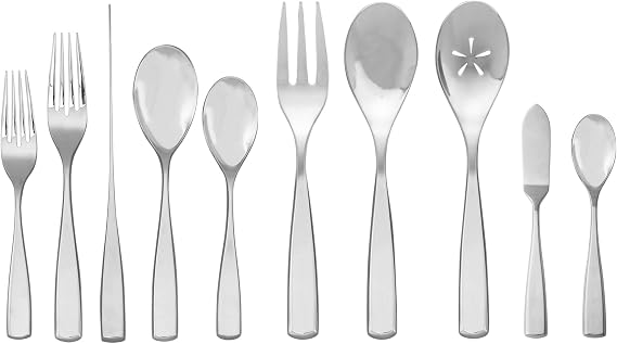 nambe Anna Flatware, 45-Pc Set, 18/10 Mirror Stainless Steel Silverware Cutlery Set, Designed for Home Kitchens, Hotel, or Restaurants, Service for 8 and a 3pc Hostess Utensil Set, Dishwasher Safe