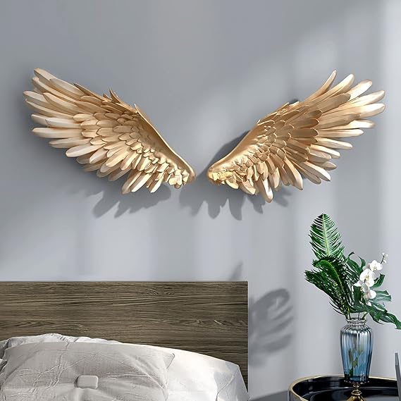Angel Wings Wall Art, A Pair of Large Angel Wings Wall decor, Modern 3D FRP Angel Wings Wall Sculpture, for living room, bedroom and hotel decoration,Gold