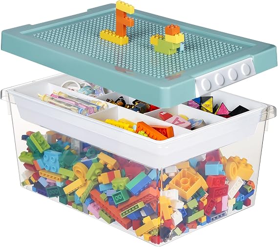 Greentainer Storage Bins with Lids for Lego Cube Kids Toy Box Stackable Plastic Boxes Organiser with Removable Tray Craft Containers for Building Blocks Bricks Puzzle Board Organizer Accessories