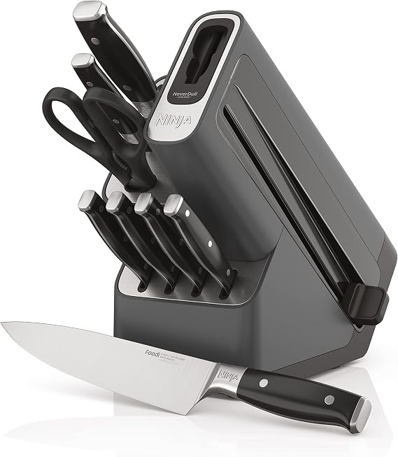 Ninja K32009 Foodi NeverDull Premium Knife System 9-Piece Knife Block Set with Built-in Sharpener German Stainless Steel Knives, Black