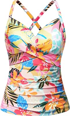 Women Tankini Bathing Suit Top - Twist Front V Neck Swim Top Only Ruched Tummy Control No Bottom 2025