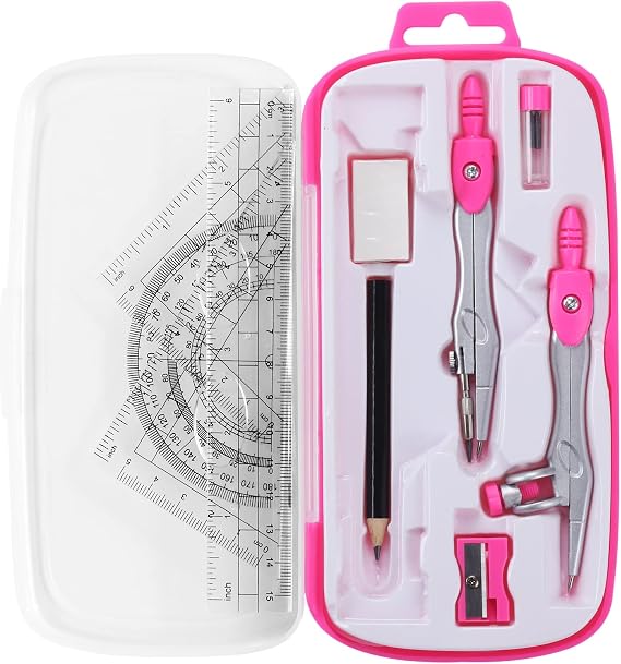 Unjoo Math Geometry Set 10 Pcs, Compass and Protractor for Students (Pink)