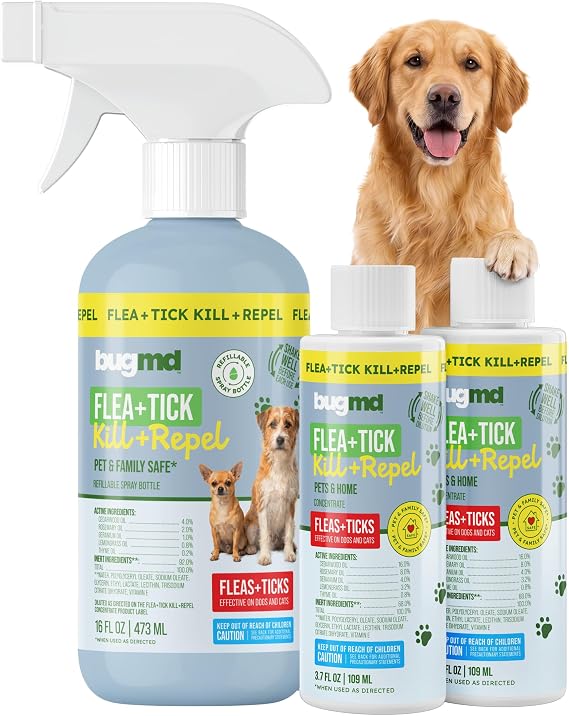 BugMD Flea and Tick Spray for Dogs - Kills & Repels on Contact | Plant-Powered Treatment for Home, Furniture and Carpet - Makes 32 oz | Starter Kit