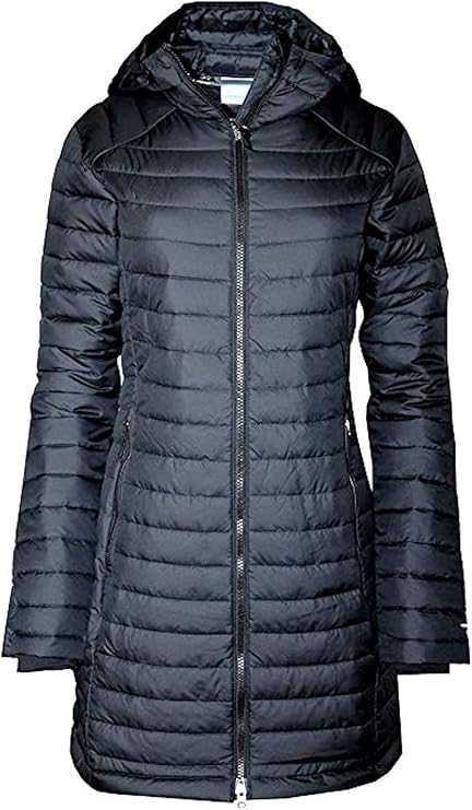 Columbia Women's White Out Mid Omni Heat Long Hooded Light Jacket Coat Puffer Plus/Regular (Black, L)