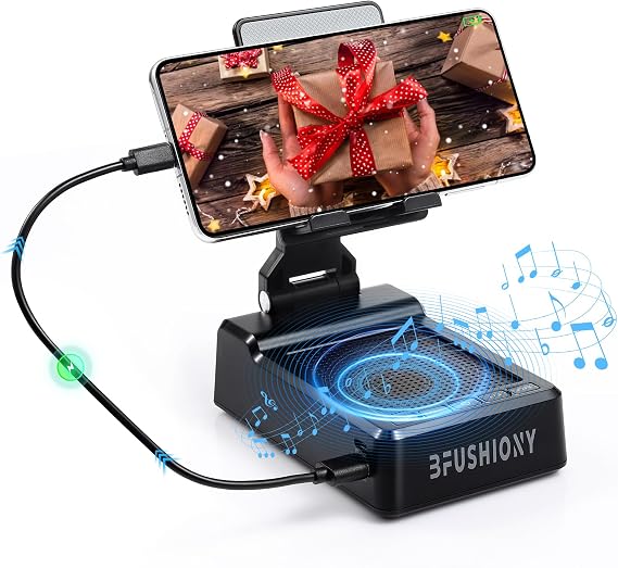 Birthday Gifts for Women Men, Foldable Adjustable Phone Stand with Bluetooth Speaker & 5000mAh Charger, HD Stereo Surround Sound Anti-Slip Holder for Home Office 1 Pack (Black)