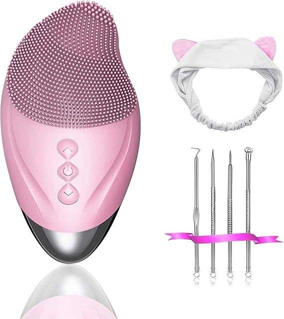 Sonic Facial Cleansing Brush Heated, 5 Speed Silicone Face Cleansing Brush rechargeable, Waterproof Electric Face Wash Brush Device, for Women Deep Cleaning|Exfoliating|Blackhead |Acne Skin|Massaging
