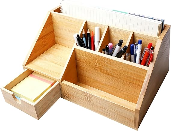 GBKDQQ Bamboo Desk Organiser with Drawer Wooden Desk Organiser Pen Box Desk Table Organiser Bamboo Pen Holder Shelf for Office and Home Office 24.5 x 15 x 11 cm