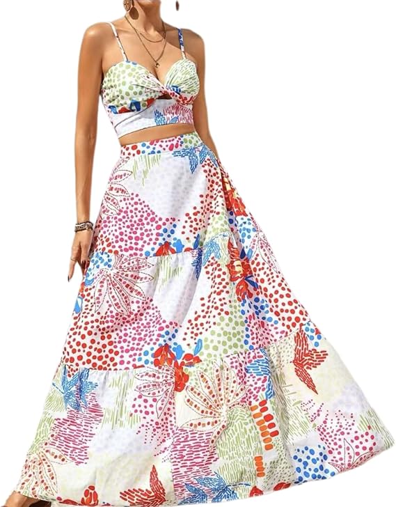 ksotutm Floral Print Two Piece Sets for Women Sleeveless Halter Tops Match A Line Maxi Skirt Summer Outfits for Going Out