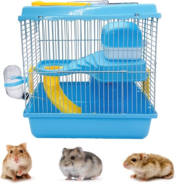 2-Tier Portable Dwarf Hamster Travel Carrier Small Animal Cage,Blue