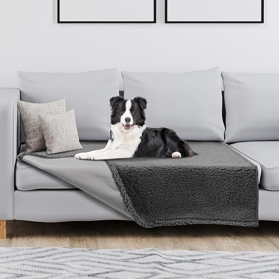 Waterproof Dog Blanket for Sofa: Washable Sofa Cover Protector for Dog Cat | 80x100cm Anti-Slip Sherpa Fleece Throw Puppy Blanket for Bed Furniture Car Chair Floor - Grey