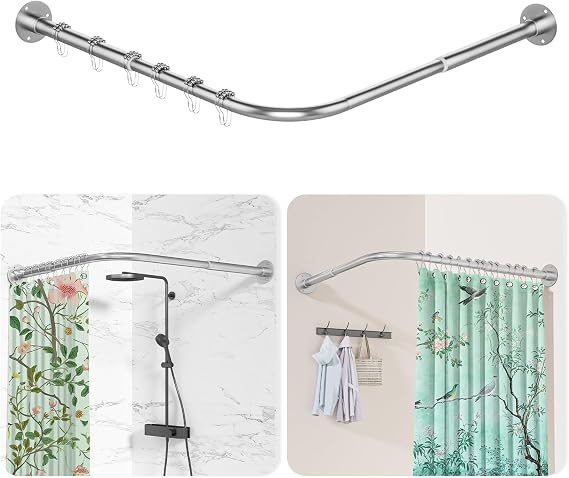 L Shaped Shower Curtain Rail, [60-90 cm] x [60-90 cm] Adjustable Corner Shower Curtain Rod, Wall Mounted Curved Shower Rail With 12 Rings & Ceiling Support For Bathroom, Need Drilling, Silver