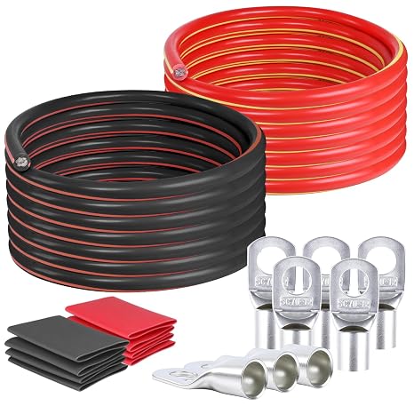 HBU 1/0 Gauge Car Inverter Cables - 25 Feet Black & 25 Feet Red - 0 AWG Automotive, Truck, Solar, Motorcycle Battery Welding Cable with 4pcs M10 & 4pcs M12 SC Cable Lugs