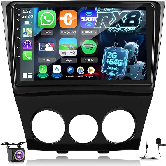 [2+64] Volxcereo Car Radio for Mazda RX8 RX-8 2003-2011, 9 inch Android Touchscreen Stereo with Carplay/Android Auto, GPS, WiFi, Bluetooth, SWC, FM/RDS, Split-Screen, Backup Camera