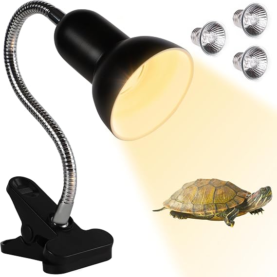 Tortoise Heat Lamp with 2 × 50W & 1 × 25W UVA UVB Bulbs Basking Light with 360° Swivel Clamp Stand and Flexible Gooseneck for Reptile Terrarium Aquarium [Energy Class D]