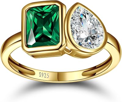 6x8mm 3.5CT Toi Et Moi Ring 925 Sterling Silver Emerald Engagement Ring For Women Double Stone Emerald Shape & Pear Cut Cubic Zirconia Wedding Ring Width Band 1.9mm - Size 5-9