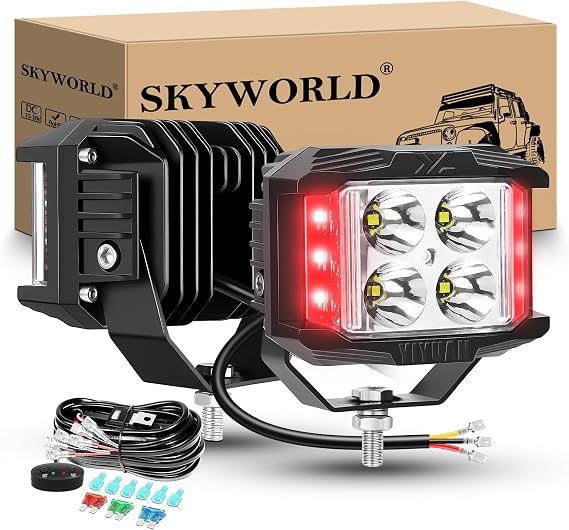SKYWORLD 2 Pcs 4 Inch 35W Strobe LED Work Light Bar with 12V Harness Kit | 3 Sides Shooter Waterproof Off road Driving Fog Lights for 4x4 Car Truck SUV ATV Tractor Excavator Boat, Red White