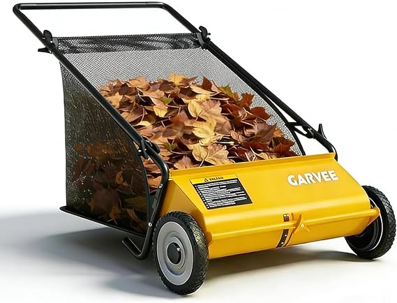 Garvee Push Lawn Sweeper,21-Inch Width Enhanced 4-Brush System with Large 3.5 cu. ft. Hopper Bag, Ideal for Yard and Garden Cleanup, Yellow
