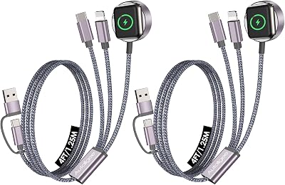 2Pack Travel Essentials for Apple Watch Charger,3 in 2 USB C Cable for Multi Charging Cable Cord,Vacation Camping RV Essentials Portable Designed for iWatch &iPhone 17-11 -4FT Gray