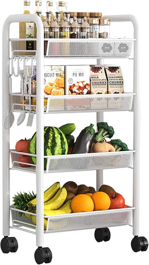 Kitchen Trolley with Rollers Serving Trolley Niche Shelf for Kitchen Organization - Narrow Vegetable Shelf with Wheels for Easy Mobility - Book Trolley for Home Organization