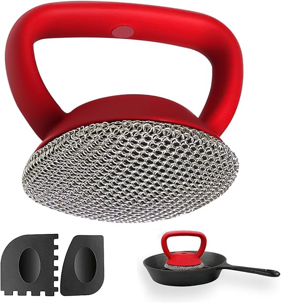 MEIXINZHI Cast Iron Cleaner, Chain Mail Scrubber & Pan Grill Scrapers - 2 in 1 Cast Iron Skillet Cleaner (red, Without mat)