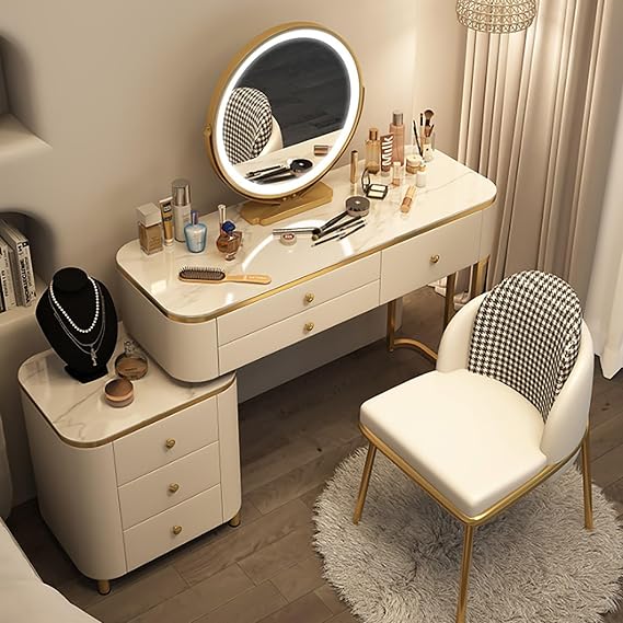 Vanity Desk, Vanity Table Made of Solid Wood, with LED Light Vanity Mirror, Vanity Set 6 Drawers,Retractable TV Cabinet Combination (Color : White Vanity Set of Chair, Size : 80cm)