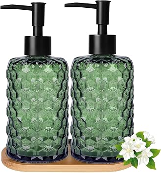 Glass Hand and Dish Soap Dispenser Set of 2 with Plastic Pumps, Bamboo Tray, 17oz Green Bathroom Soap Dispenser with Honeycomb for Hand Wash & Dish Wash, Ideal for Bathroom Kitchen Countertop