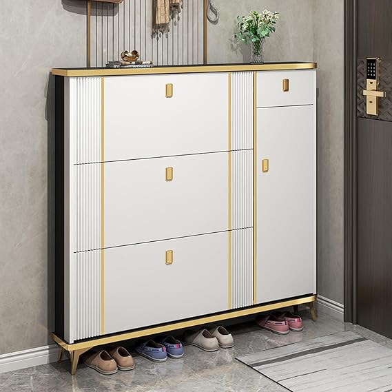Modern Ultra Thin Shoe Storage, Entrance Shoe Rack Narrow, With Accessory Drawer Shoe Cabinet,with 3 Adjustable Partition, for Hallway Doorway Balcony Living Room(White,90X24X118cm)