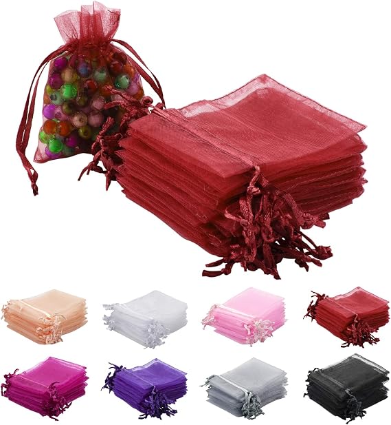 100pcs Red Organza Gift Pouches - 2x3 Inch Sheer Drawstring Bags for Jewelry, Wedding, Party & Christmas Favor Gifts