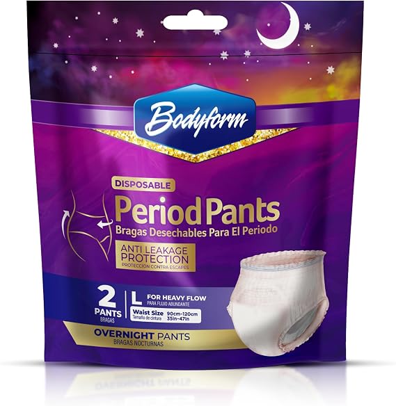 BODYFORM Period Pants - Women's Disposable Overnight Underwear - Heavy Flow Support 2 Period Pants (2 Count - Pack of 1) Large