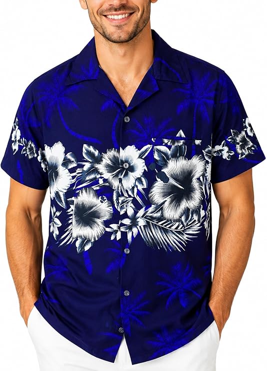 King Kameha Funky Hawaiian Shirt Men's Short Sleeve Front Pocket Stylish Tropical Chest Print Floral Unisex
