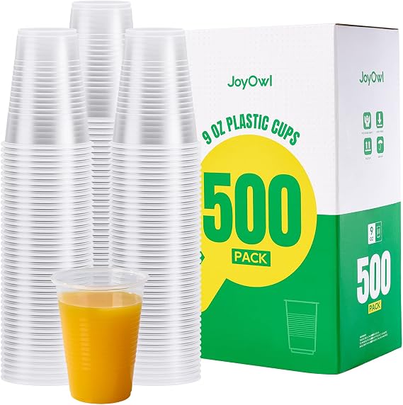 500 Pack 9oz Disposable Plastic Cups Bulk - Clear Drinking Cups for Parties, Home, Commercial Use & School Events - Durable Plastic Water Tumblers